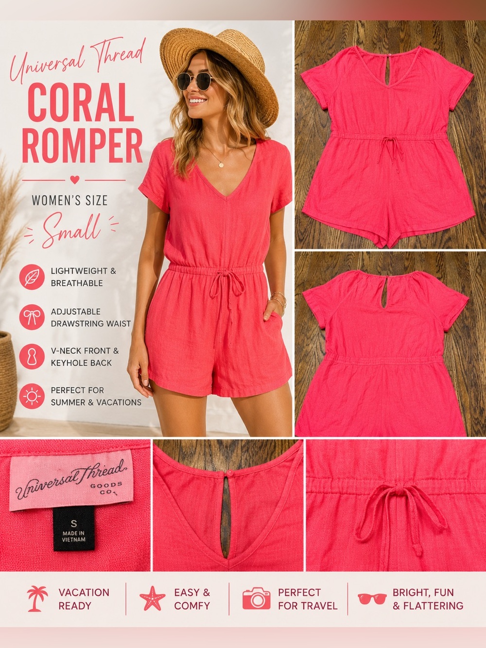 Universal Thread Coral Linen Blend Romper – Women’s Small